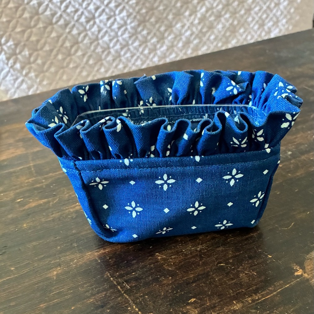 Blue Floral Fabric Basket liner with clear Plastic Insert , protector.